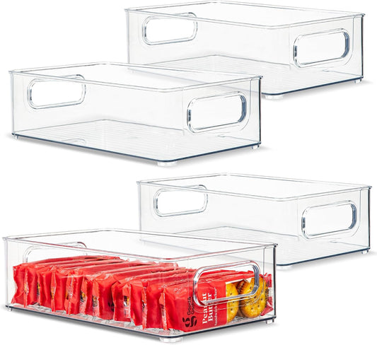 Plastic Food Storage 4 Pack Clear Container Bin with Handles for Organizing Kitchen, Pantry, Refrigerator, Freezer, Pantry, Cabinet, Closet, Bathroom. Stackable 10”x6”x3”