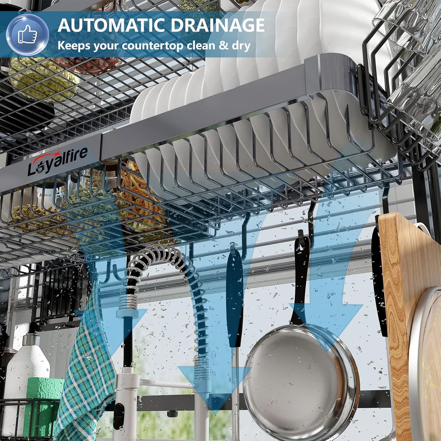 Over Sink Dish Drying Rack, 3 Tier Adjustable Length (20.87'' to 37.6'') Stainless Steel Large Storage Kitchen Dish Rack, Expandable Drainer Shelf Rack with Multifunctional Organizers