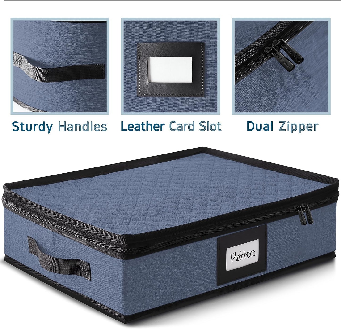 Platter Storage Case – Fine China Storage Containers Hard Shell, Quilted and Stackable 16”x 12.5”x 3.5” Platter Storage Container with Handles and Felt Dividers for Moving and Seasonal Storage, Blue