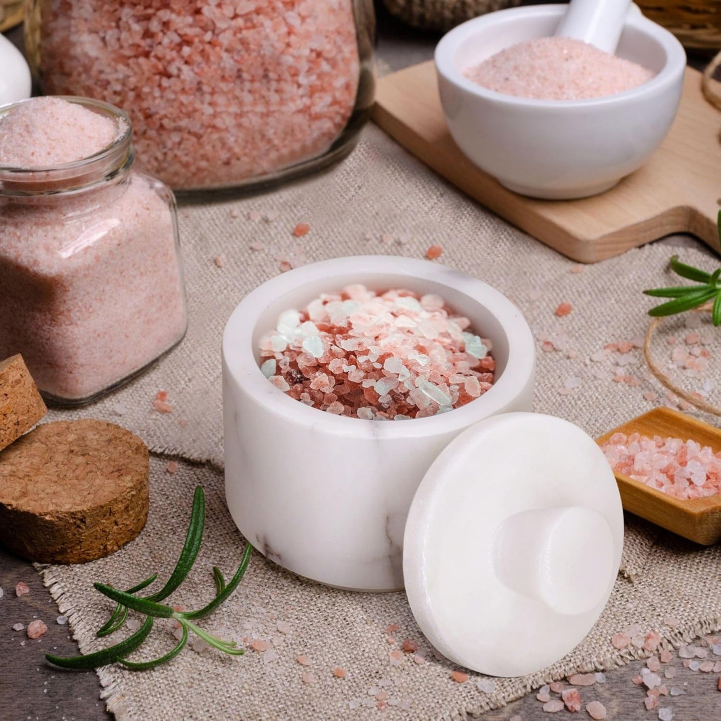 Flexzion Multi-Purpose Marble Container with Lid - Salt, Pepper, Paprika and Powdered Herbs, Marble Box for Jewelry, Watches and Accessories (White)