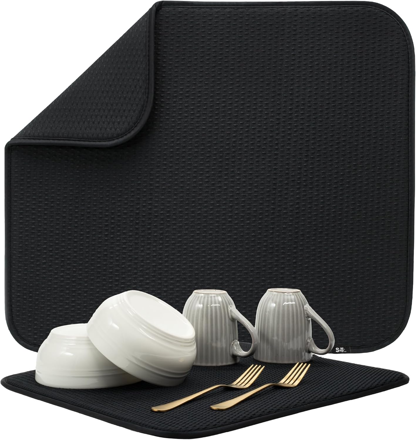 S&T INC. Dish Drying Mat, 16” x 18”, Absorbent Microfiber Kitchen Counter Mat, Drying Pad for Dishes, Utensils, Pots and Pans, Large, Diamond Texture, Black