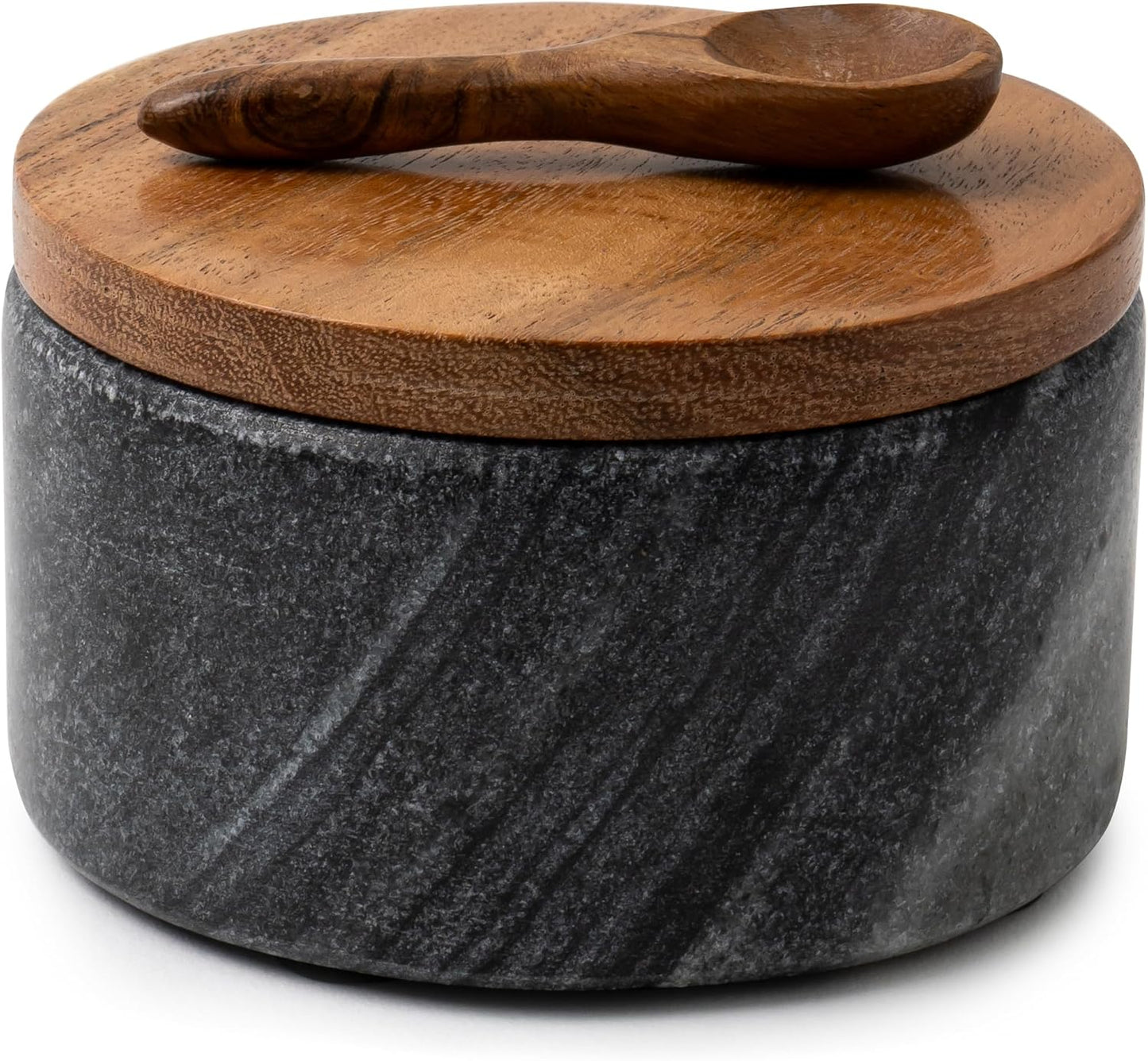 Cork & Mill Grey Marble Salt Cellar with Acacia Wood Lid and Spoon - Elegant Modern Salt Container for Countertop - Handcrafted Pepper Pot - Wide 4” Pepper Holder with Non-Skid Feet