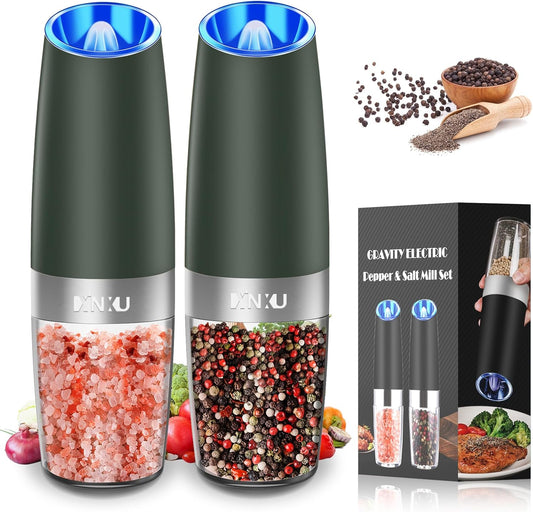 XinXu Gravity Electric Pepper and Salt Grinder Set, Automatic Mill Grinder Shaker,Battery-Operated, Adjustable Coarseness, Stainless Steel, LED Light, One Hand Operated,Dark Green