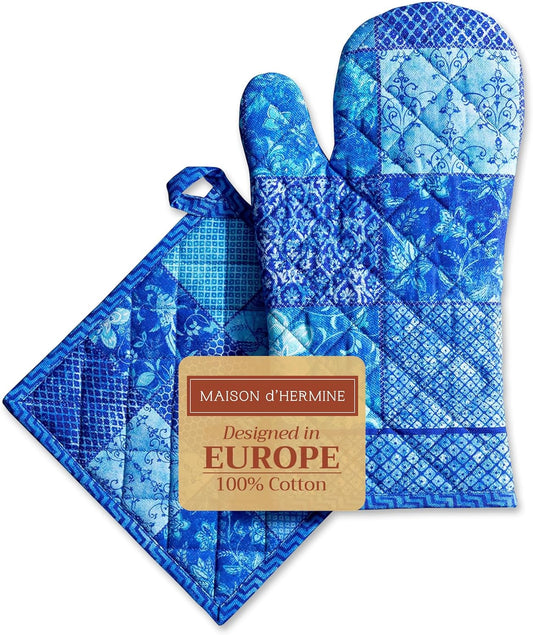 Maison d' Hermine 100% Cotton Oven Mitt & Pot Holder Set (7.5"x13" & 8"x8") Heat Resistant BBQ Cooking Gloves with Loop, Baking, Grilling, Kitchen, Handling Hot Pans Spring/Summer (Indigo Love)