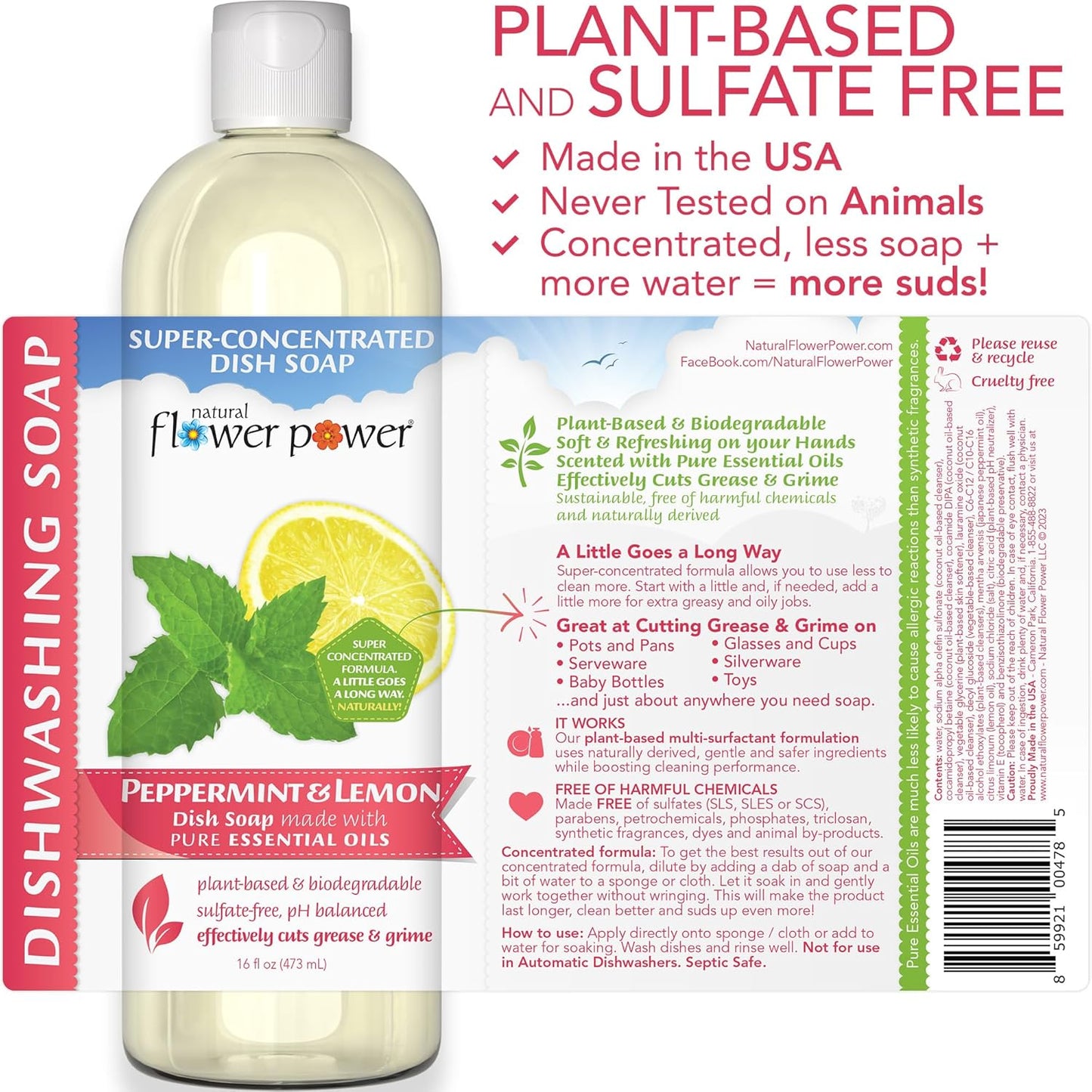 Plant-Derived Dish Soap - Sulfate-Free, Bio-Based, pH-Balanced, Vegan Cleaning Supplies - Peppermint & Lemon - 3 x 16 oz