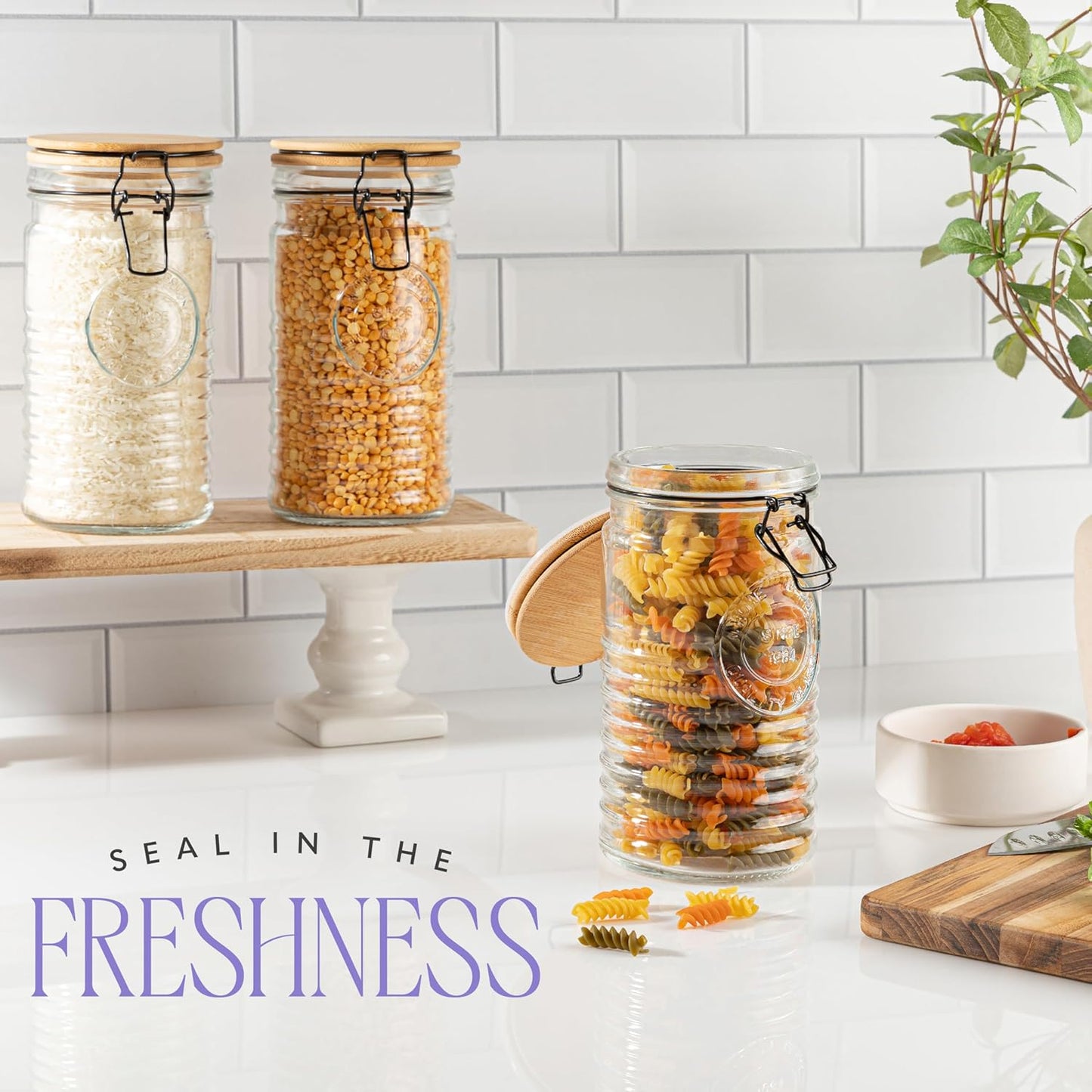 Glass Storage Containers with Airtight Lids - 40 Ounce Mason Jar Storage Containers for Cereal, Coffee & Rice - Pantry Organizing Canister Set of 3 for Kitchen