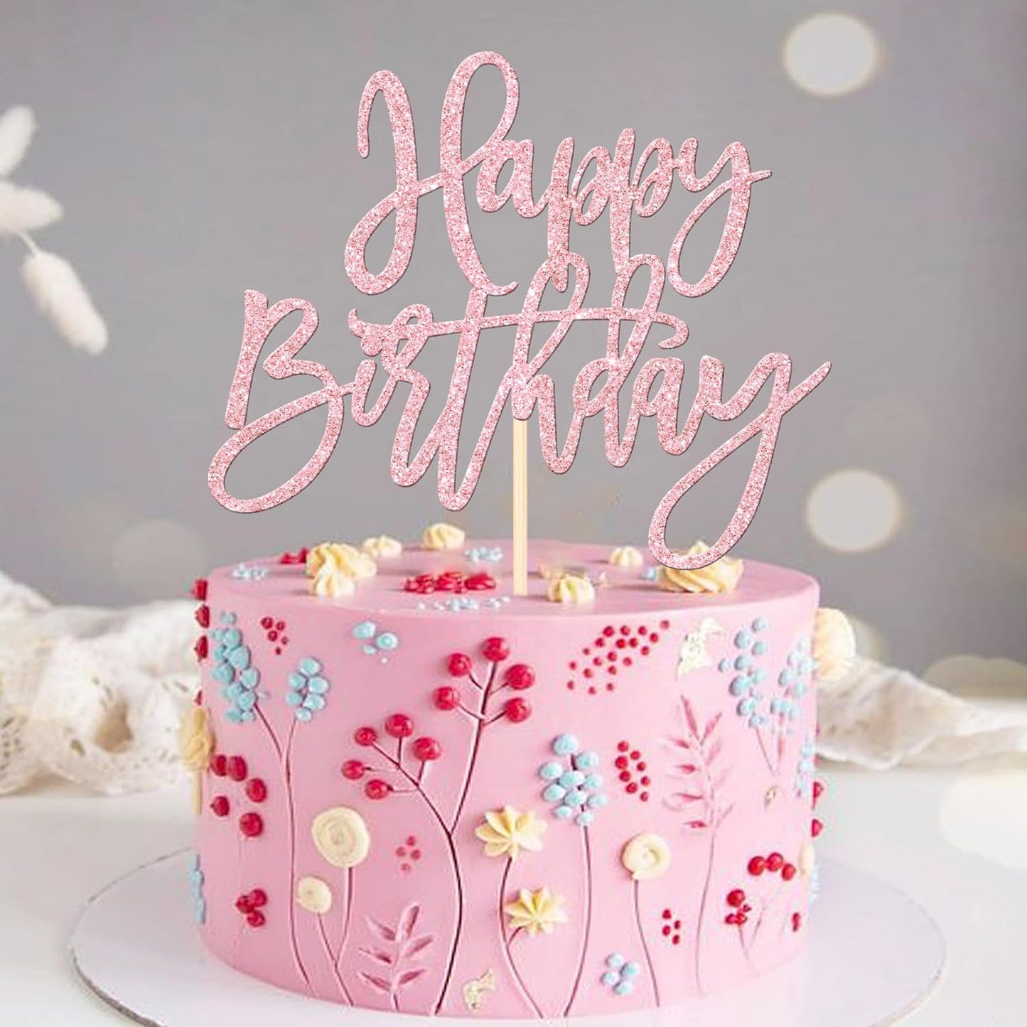 1 PCS Happy Birthday Cake Topper Glitter Cake Pick for Celebrating Anniversary Theme Party Cake Decorations Supplies Light Pink