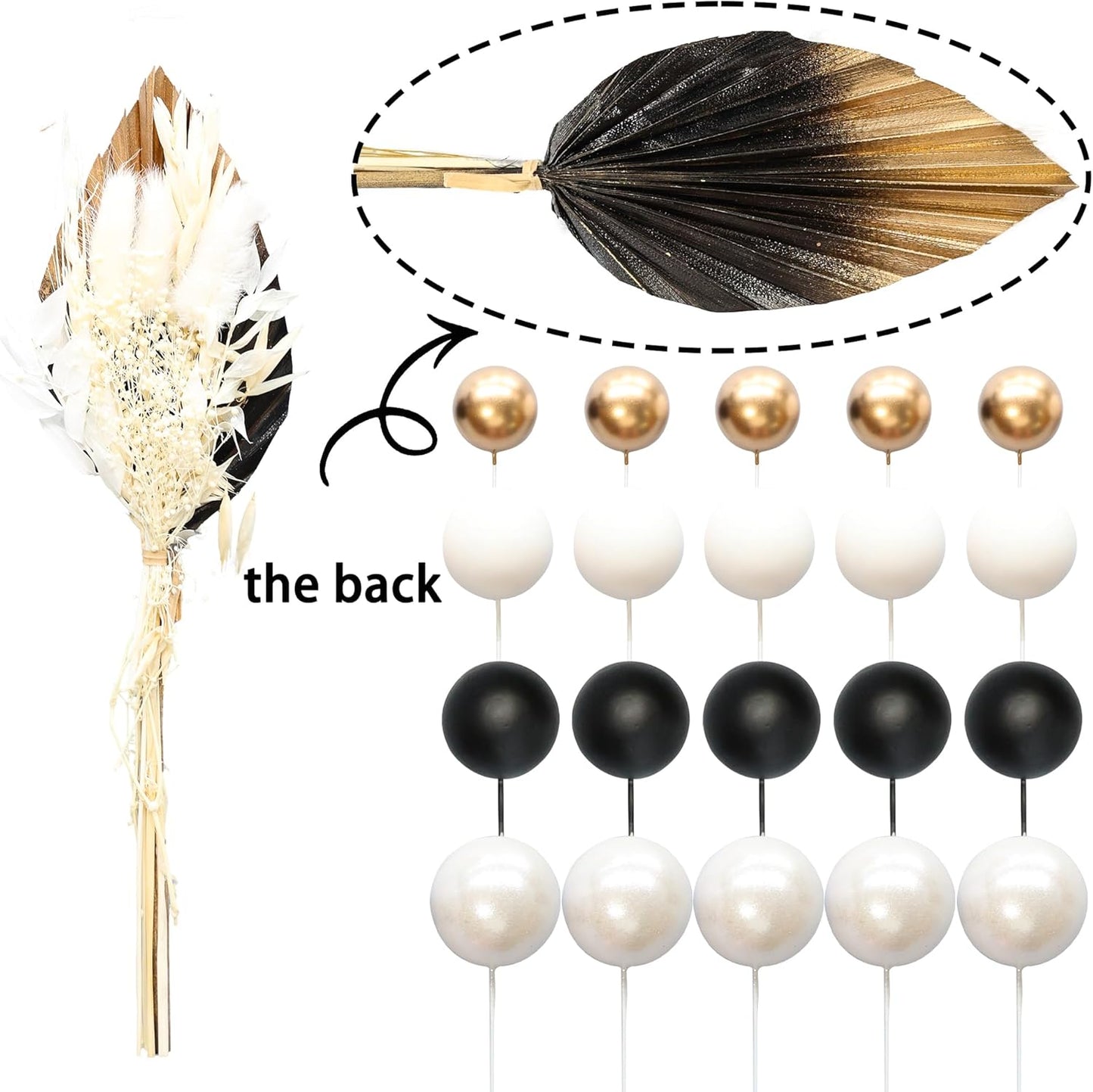 Gyufise 21 Pack Flower Boho Cake Topper Ball Cake Decorations Palm Leaves Plants Cake Decor for Girl Bohemian Princess Theme Wedding Baby Shower Birthday Party Supplies White Gold