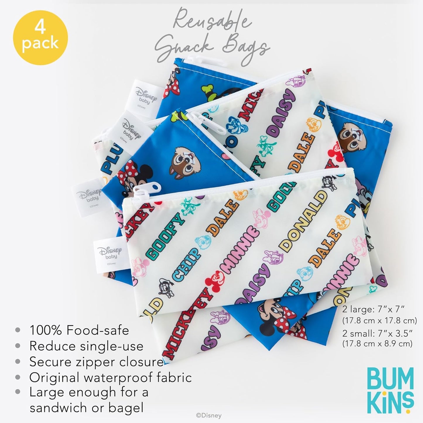 Bumkins - Cloth Snack & Sandwich Bags - For Storage, Travel, Food Prep, Lunch - Reusable, Water Resistant, Washable, Dishwasher Safe - Snack Bags for Kids -Zipper Closure -Mickey & Friends MVP -4 Pack