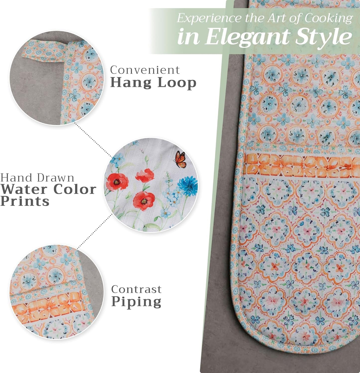 Maison d' Hermine Double Oven Mitts 100% Cotton 7"x35" Double Oven Mitt Heat Resistant BBQ Cooking Gloves with Loop, Baking, Grilling, Home, Kitchen, Handling Hot Pans Spring Summer (Summer Whisper)