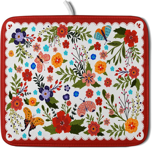 Flowers Printed Dish Drying Mat Floral Coffee Mat for Kitchen Counter Small
