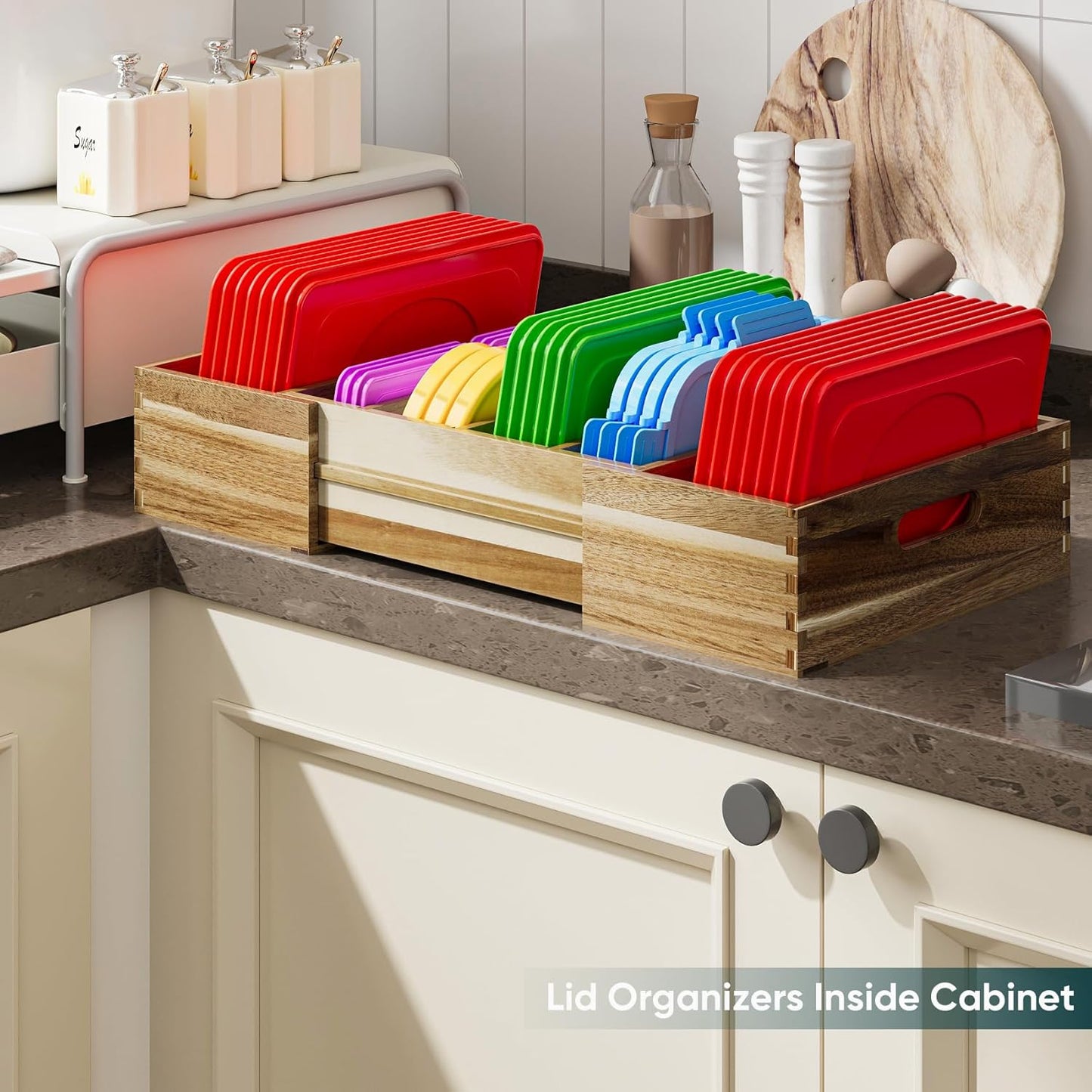Expandable Lid Organizers Inside Cabinet, Kitchen Cabinet Organizers with 3 Adjustable Dividers, Storage Plastic Lids, Food Container Lid Holder Organizer for Drawer Pantry, Acacia