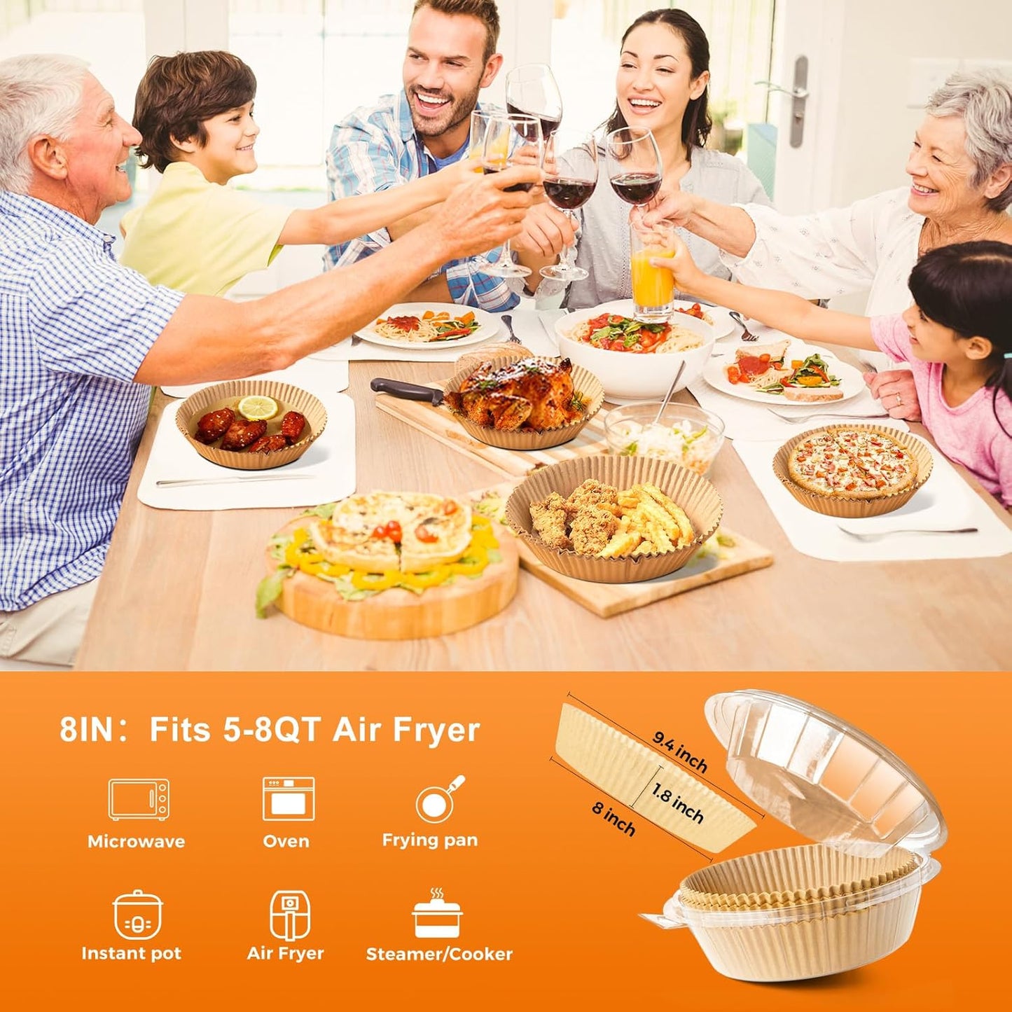 Vailnd Air Fryer Liners Disposable for Ninja, 150 Pcs 8" Round Airfryer Paper Liner Heavy-Duty, Non-Stick and Grease-Proof Parchment Paper Sheets for 5-8 qt Basket Air Fryers Oven Steamer