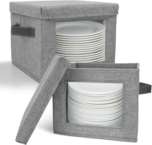 HOMELUX THEORY Plate Storage Box, 2pc 12"x8" Light Gray Hard Shell China Storage Containers, Kitchen Storage Bins With Lids, Heavy Duty Moving Box with Handles for Dishes, Dinner Plate & Dinnerware