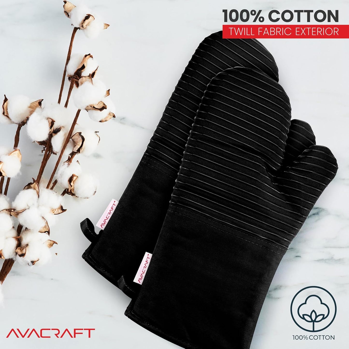 AVACRAFT Oven Mitts Pair, Black - Flexible, 100% Cotton with Unique Heat Resistant Food Grade Silicone, Thick Terry Cloth Interior, 500 F Heat Resistant