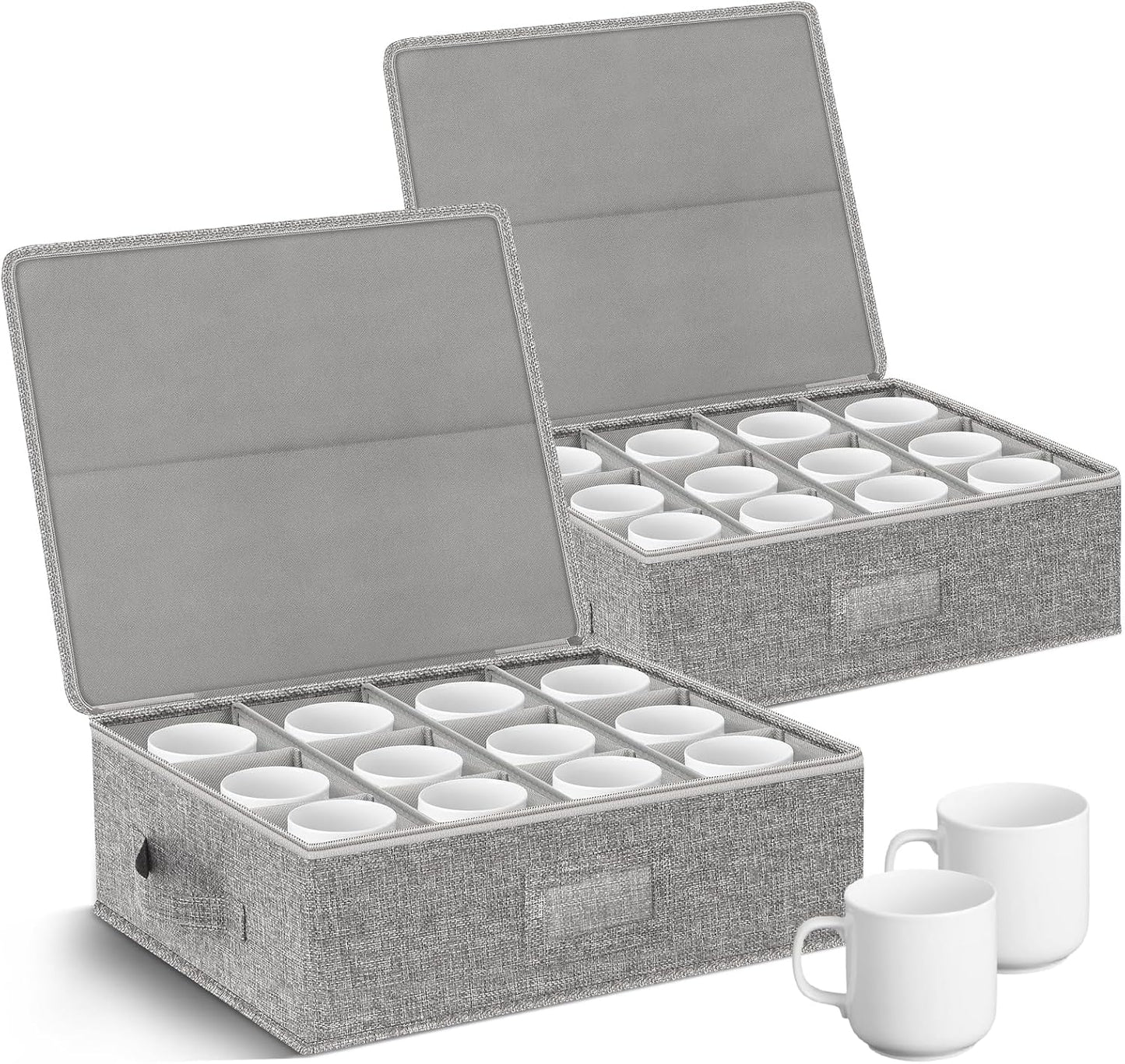 Coffee Mug Storage Box 2 Pack with Dividers, China Storage Containers Organizer Moving Supplies, Hard Shell & Stackable for Coffee Mugs, Tea Cups w/Sturdy Lid & Handles, 24 Compartments, Grey