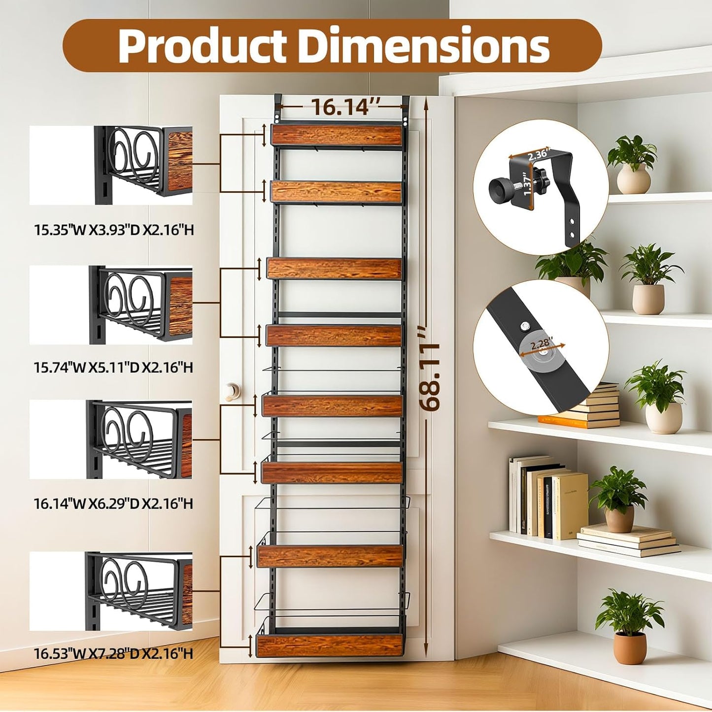 Over the Door Pantry Organizer, 8-Tier Metal Hanging Spice Rack with Adjustable Basket for Kitchen Storage