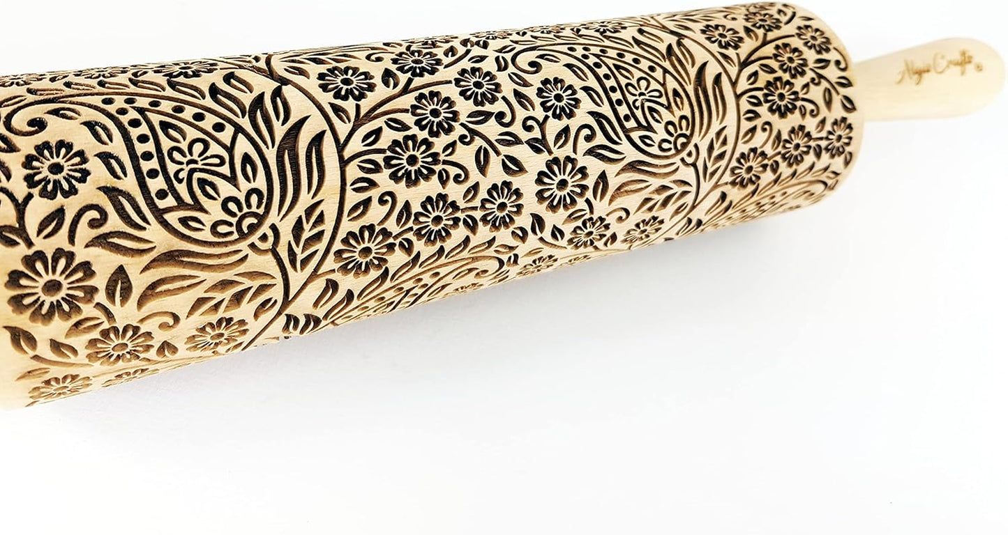 KASHMIR pattern Embossed Rolling Pin. Engraved Dough Roller with Paisley for Embossed Cookies and Pottery by Algis Crafts