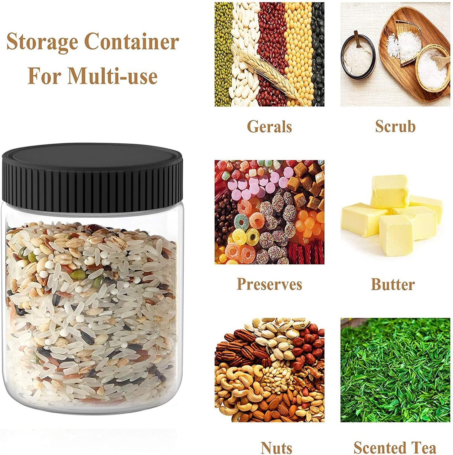 XINGLIAN 16 Oz Clear Plastic Jars with Black Lids Refillable Kitchen Storage Containers for Dry Food, Coffee, Nuts and More, 6 Pack