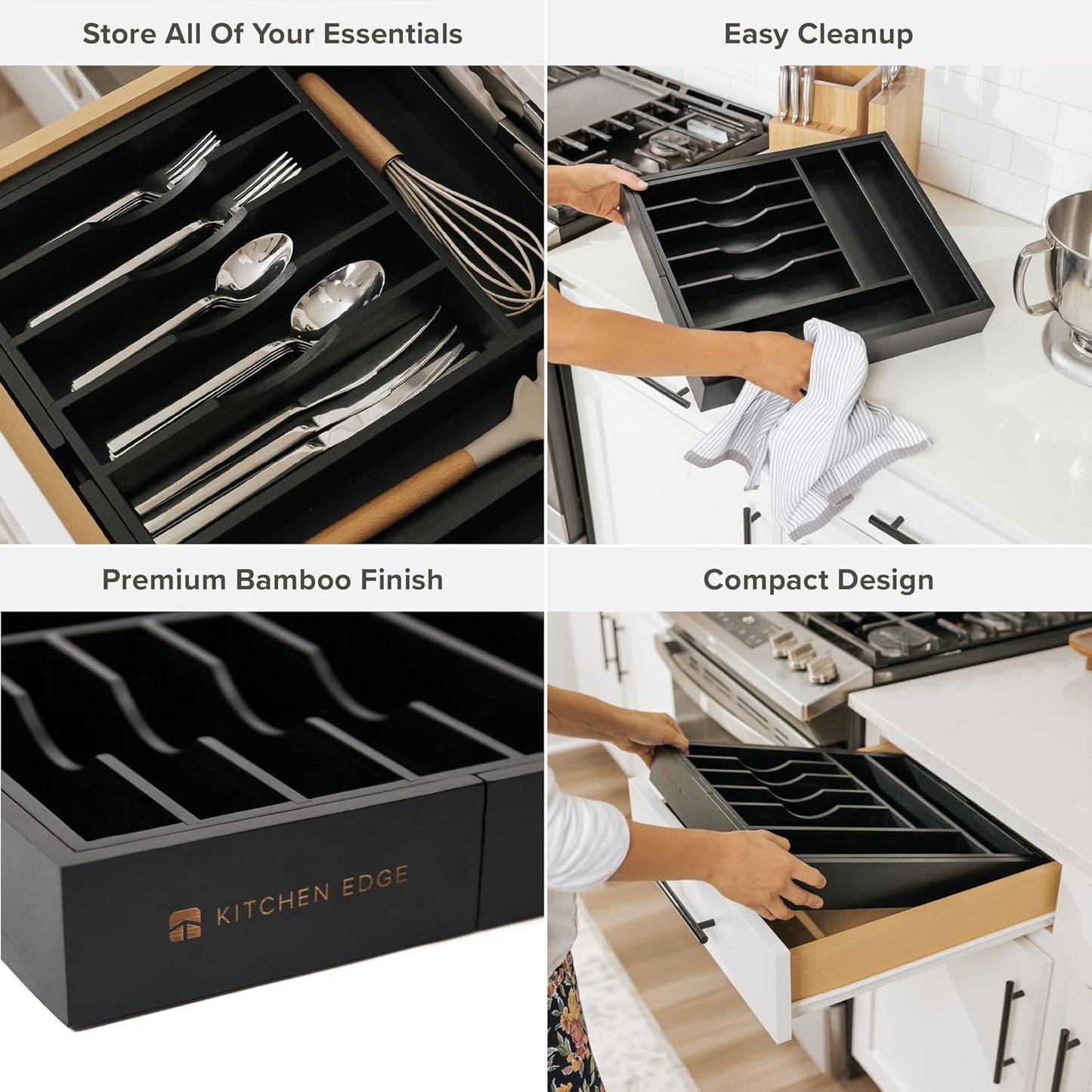 KitchenEdge Premium Silverware, Flatware and Utensil Organizer for Kitchen Drawers, Food-Safe Contract Grade, Expandable from 14.5 to 25 In, Black Bamboo