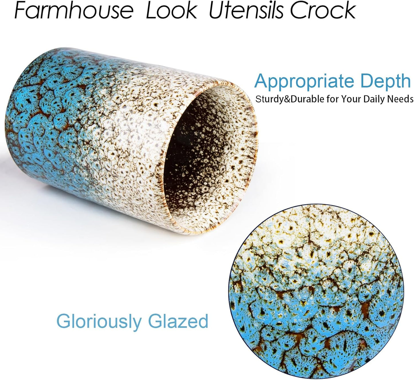 Utensil Holder, Ceramic Kitchen Utensil Holder for Countertop, Large Cooking Utensil Crocks for Kitchen Counter, Morden Utensil Organizer for Spatula, kitchen Decor,White & Blue