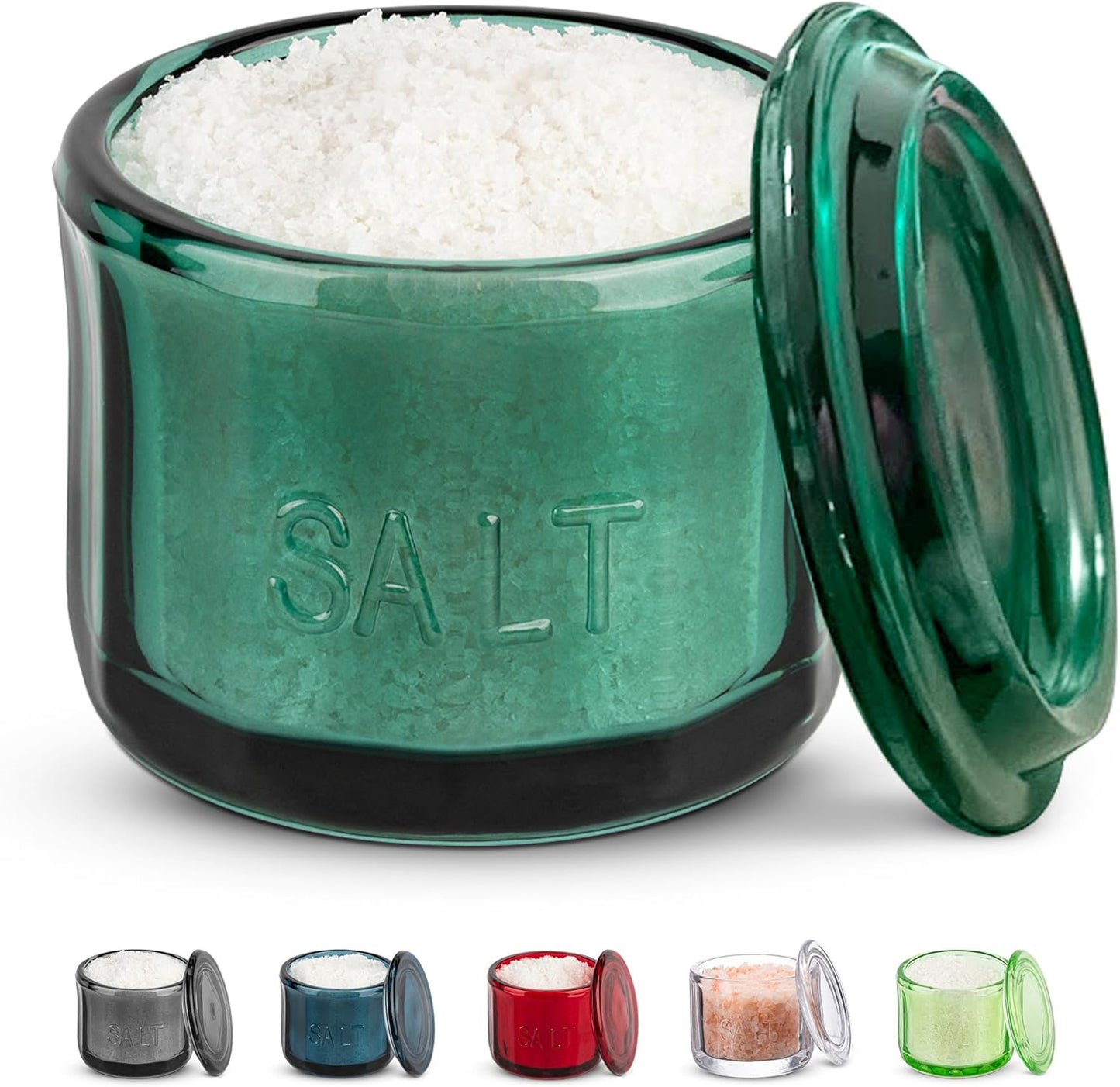 KooK Glass Salt Cellar, with Lid, Embossed Pressed Glass, Clear Storage Container, for Coffee, Sugar, Spices and Candies, 10 oz (Emerald Green)
