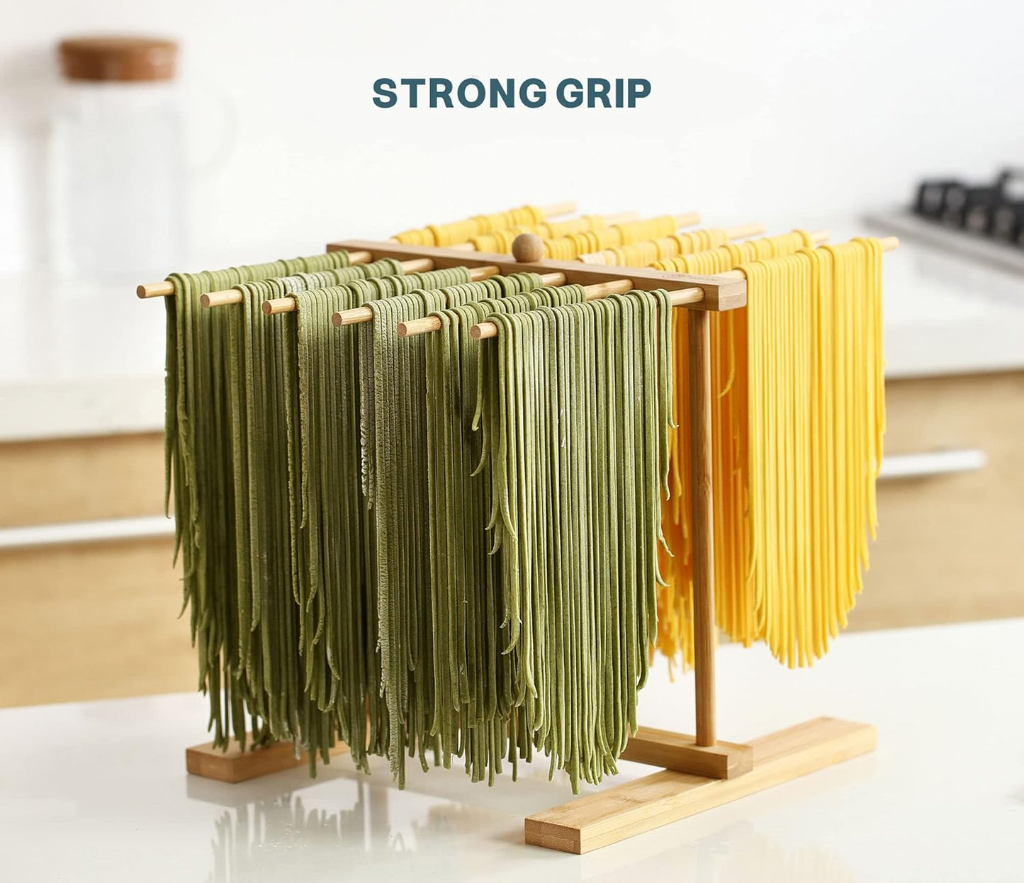 Bamboo Pasta Drying Rack with Transfer Wand and 12 Bars, Easy to Transfer for Drying Pasta and Cooking, Special Suspension Design for Large Storage