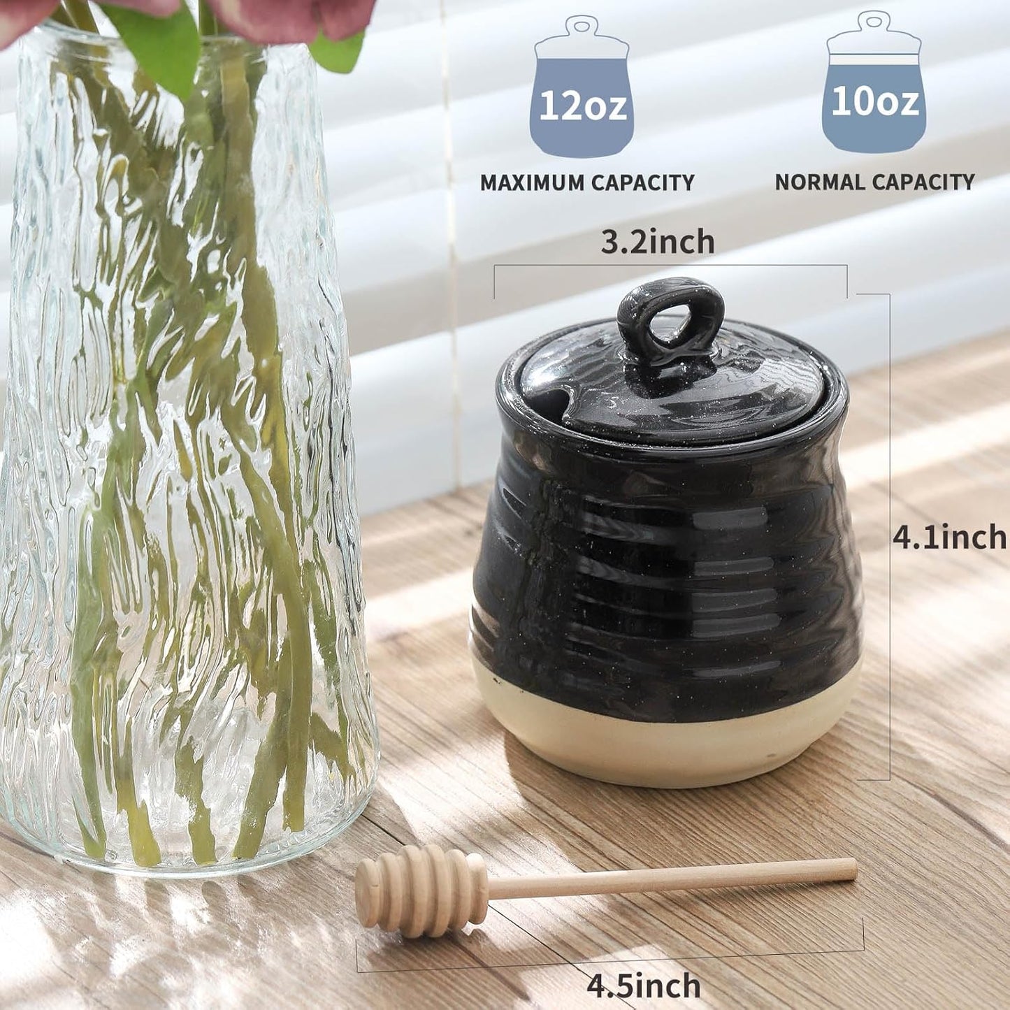 Ceramic 12 Ounce Honey Jar and Dipper Set,Porcelain Honey Pot with Lid and Wooden Dipper,Cute Honey Containers for Party,Holiday,Halloween Favors,Farmhouse Kitchen Decor,Dishwasher Safe,Black
