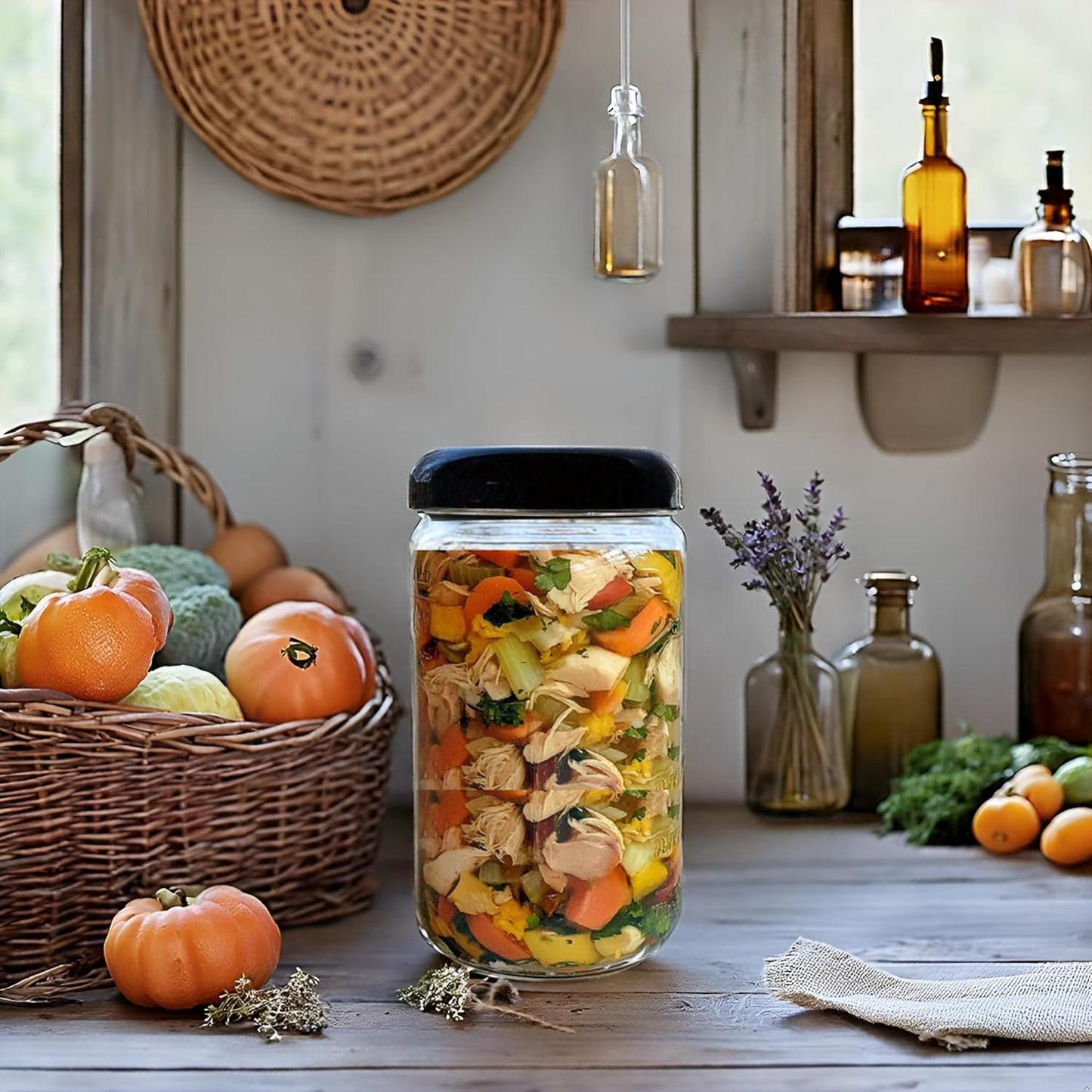 Jarming Collections 32oz Extra Wide Mouth Glass Storage Jar with BPA-Free Plastic Lid – Quart Size Airtight Mason Jar for Kitchen, Pantry, and Food Storage (3 Pack)