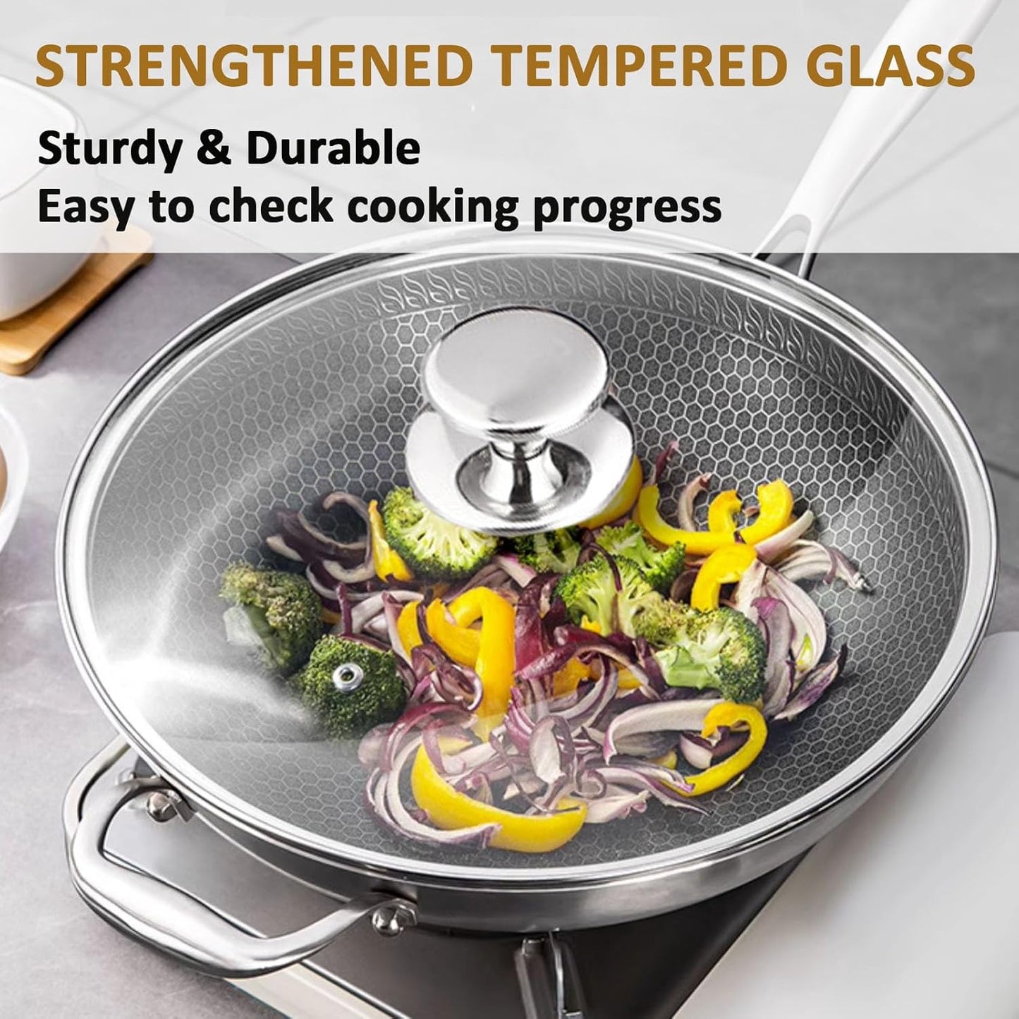 Glass Lid for 12 Inch Stainelss Steel Cast Iron Skillets Frying Pans, 30cm Tempered Lids for Dutch Ovens, 12 In Pan Cover with Stainless Steel Rim for Stock Pots, Dishwasher Safe