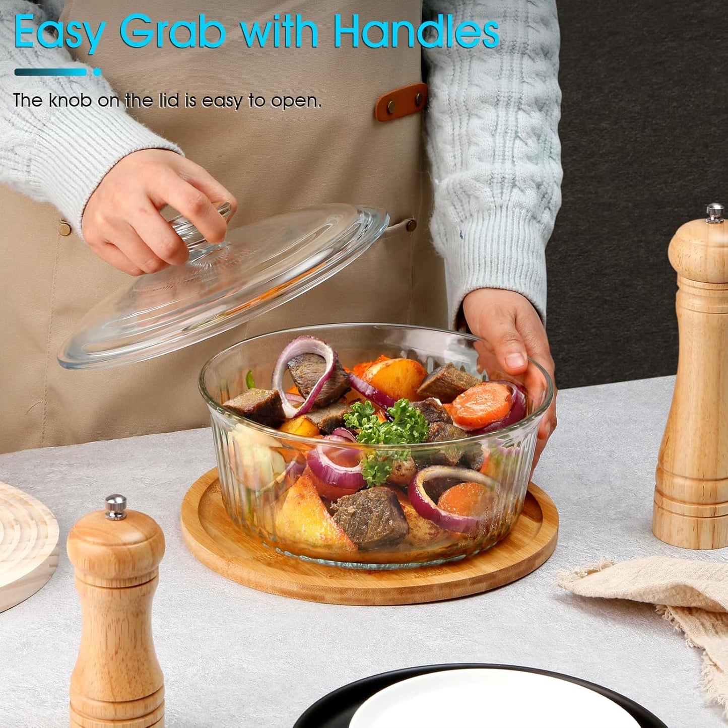 NUTRIUPS 2.4QT Glass Casserole with Lid, Borosilicate Glass, Round, Oven-Safe Baking Dish