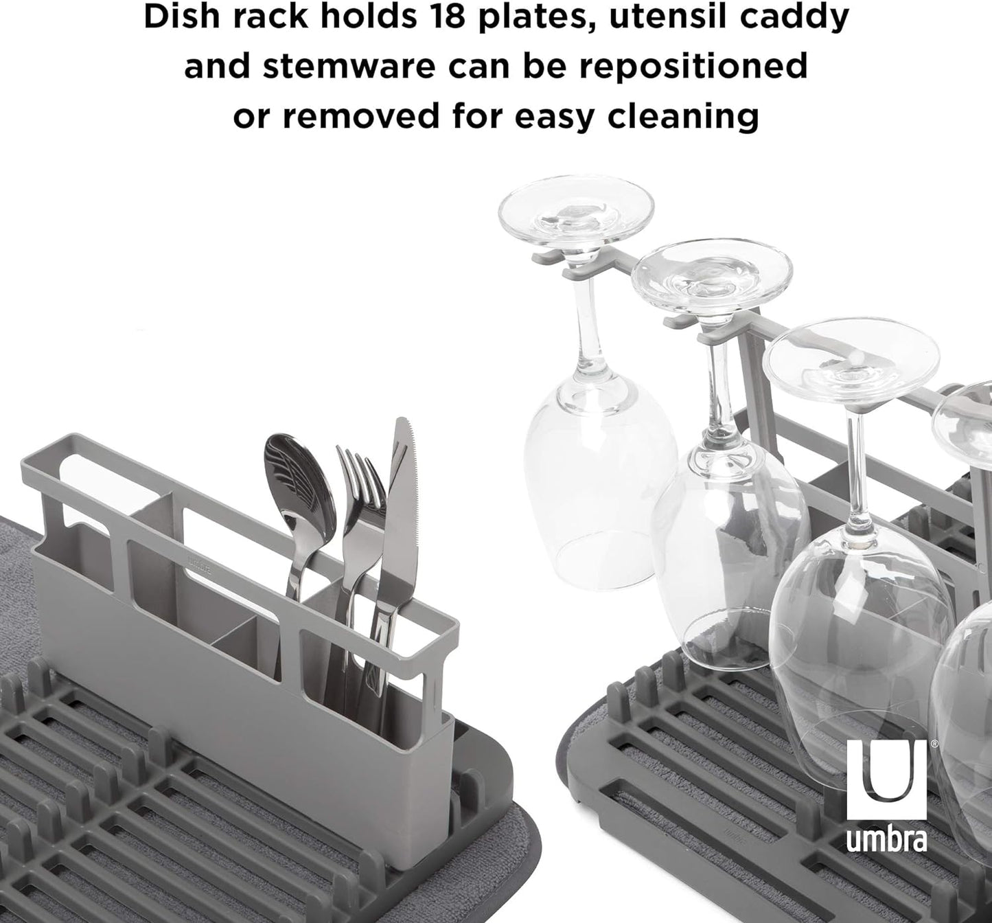 Umbra Udry Dish Rack and Microfiber Drying Mat – Space-Saving Design Folds Up for Easy Storage, Rack with Caddy, Gray