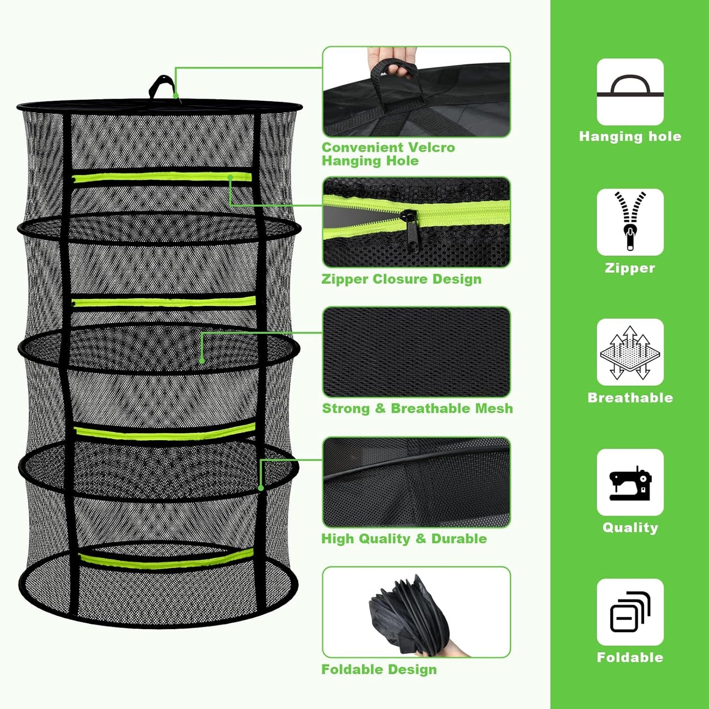 Herb Drying Rack with Mesh Design, Hanging Drying Rack with Green Zipper & Garden Pruning Shears – Versatile Plant Drying Solution (6 Layers)