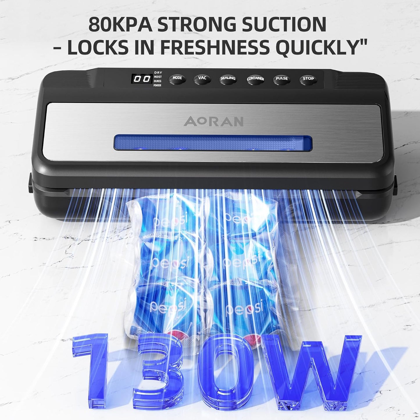 AORAN Vacuum Sealer with Transparent Window, 80KPa Powerful Food Vacuum Sealer, Compact and Easy-to-Use, Includes 5 Bags & 1 Roll, Dry & Moist Modes for Food Preservation