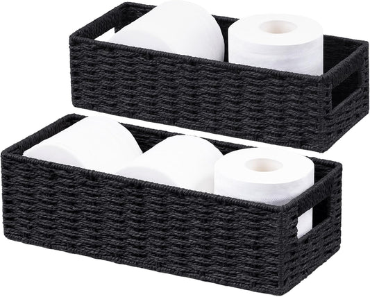UBBCARE Toilet Tank Basket for Bathroom, Hand Woven Paper Wicker Basket for Organizing, Countertop Decorative Storage Basket with Handles, 2-Pack, Black