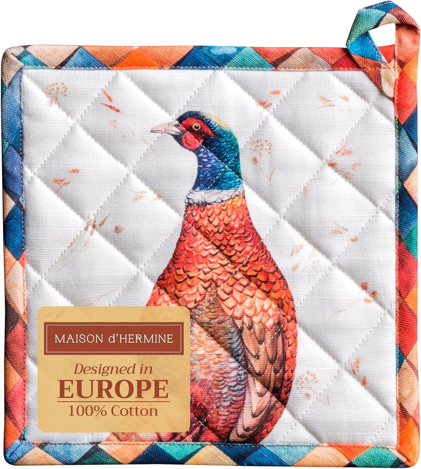Maison d' Hermine Pot Holders 100% Cotton Heat Resistant Potholders 8" x 8" Hot Pads with Loop BBQ, Cooking, Baking, Grilling, Kitchen, Handling Hot Pans (Pack of 1, Faisan D'Automne)