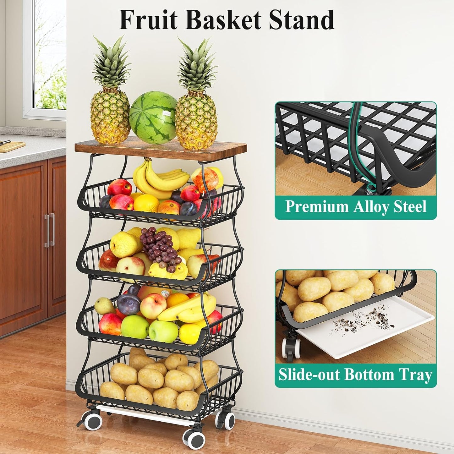 Fruit Basket Kitchen Pantry Organizers and Storage - Wooden Top Table, Stackable Metal Wire Basket Stand Cart for Fruit Vegetable Snacks Jars Bins Containers Organization, Black