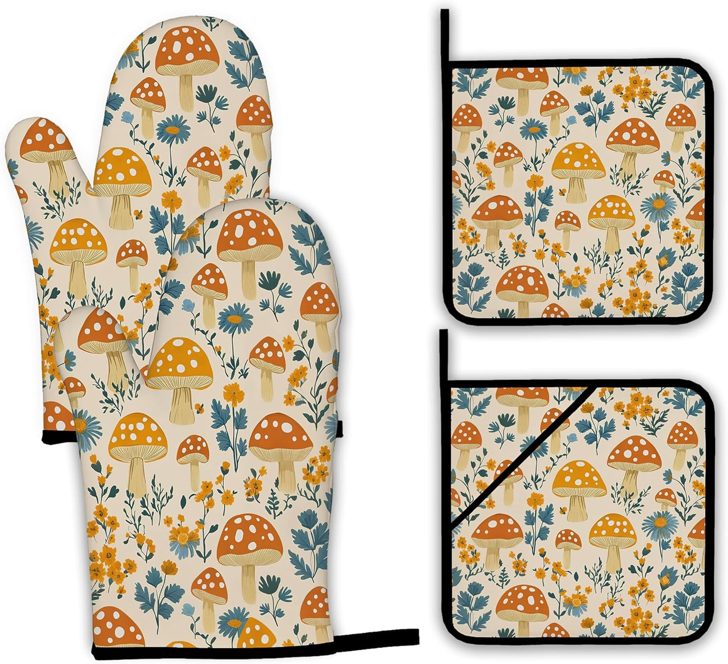 Cute Mushroom Forest Oven Mitts and Pot Holders,Floral Flower Heat Resistant Oven Mitts Gloves and Pot Holder for Home Kitchen Decorations Cooking Baking BBQ Gifts,Set of 4