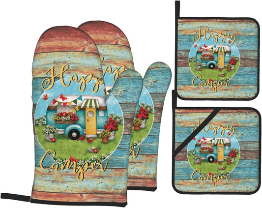 Happy Camper Oven Mitts and Pot Holders Sets of 4,Resistant Hot Pads with Polyester Non-Slip BBQ Gloves for Kitchen,Cooking,Baking,Grilling