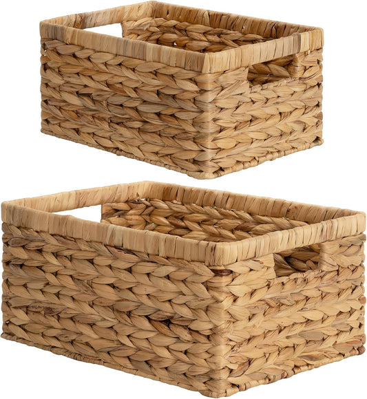 StorageWorks Wicker Storage Baskets, Handwoven Water Hyacinth Basket for Organizing, Decorative Organizers with Built-in Handles, Set of 2