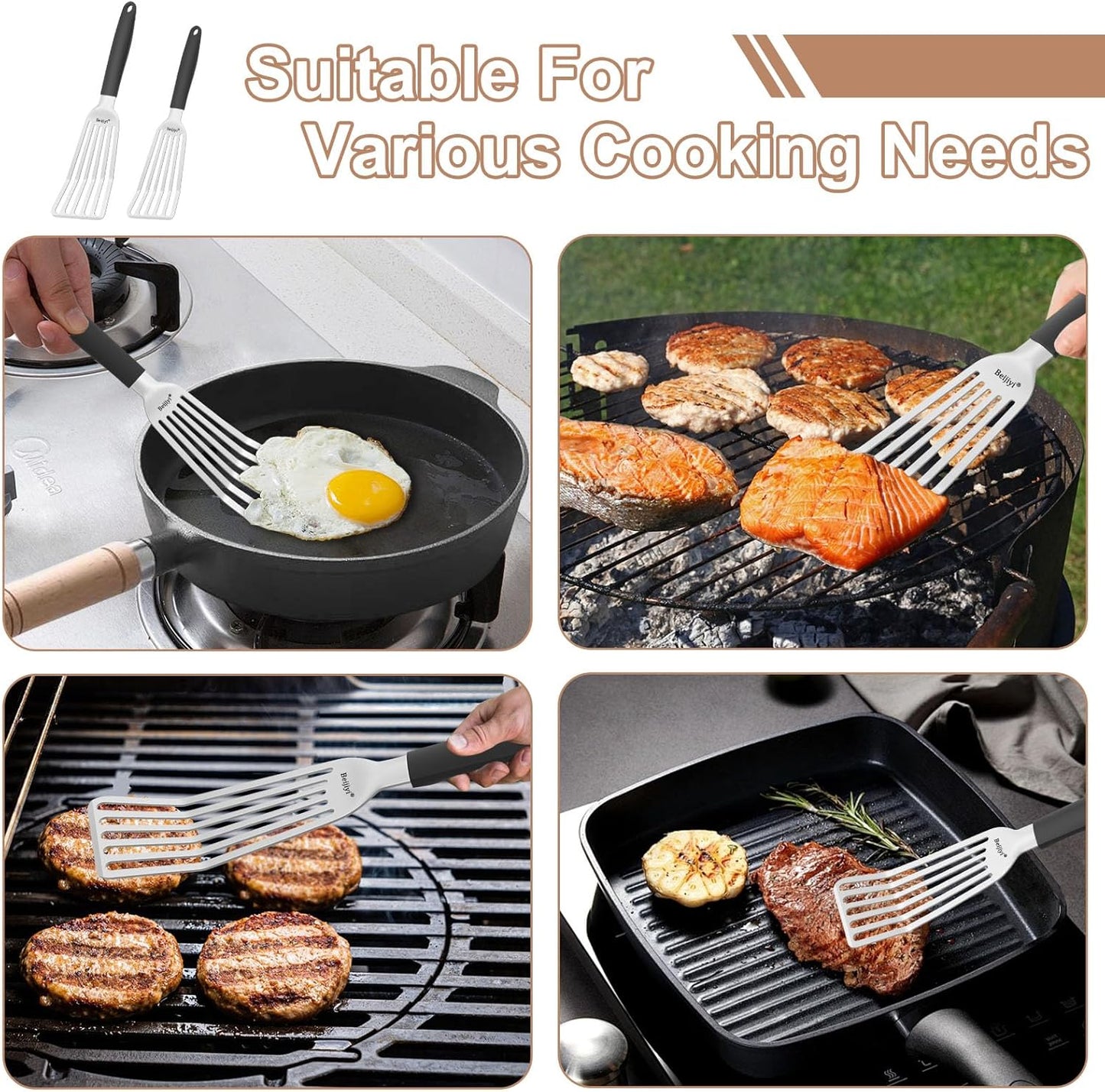 Beijiyi Stainless Steel Fish Spatula Set, 13.5" & 11.7" Metal Spatulas for Kitchen Use, Thin Edge Slotted Fish Turner Spatula for Flipping and Grilling, Cooking Untensils with Silicone Handle