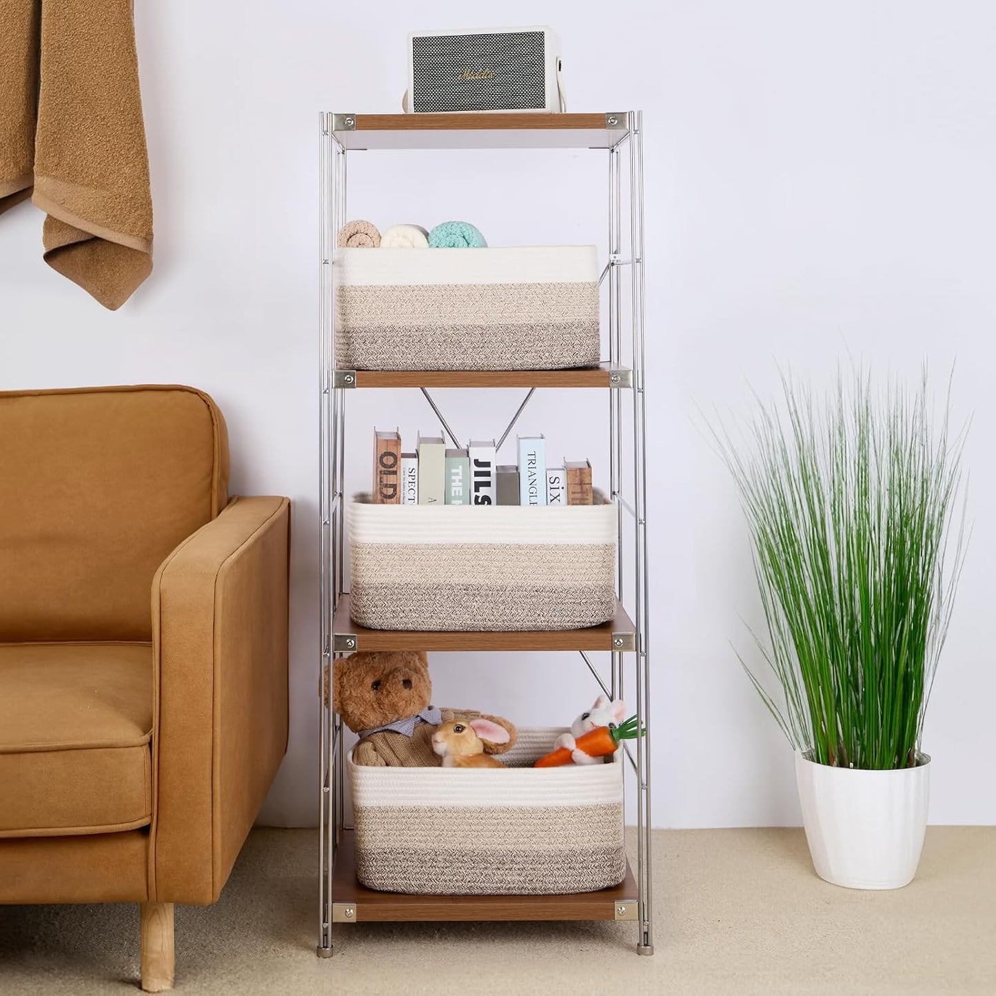 Large Storage Baskets for Organizing, Closet Shelf Baskets for Clothes Blanket Towels, Baby Nursery, Toy Bins Box, Woven Rope Baskets, 17 x 13 x 7.5”, 4 Packs Gradient Brown