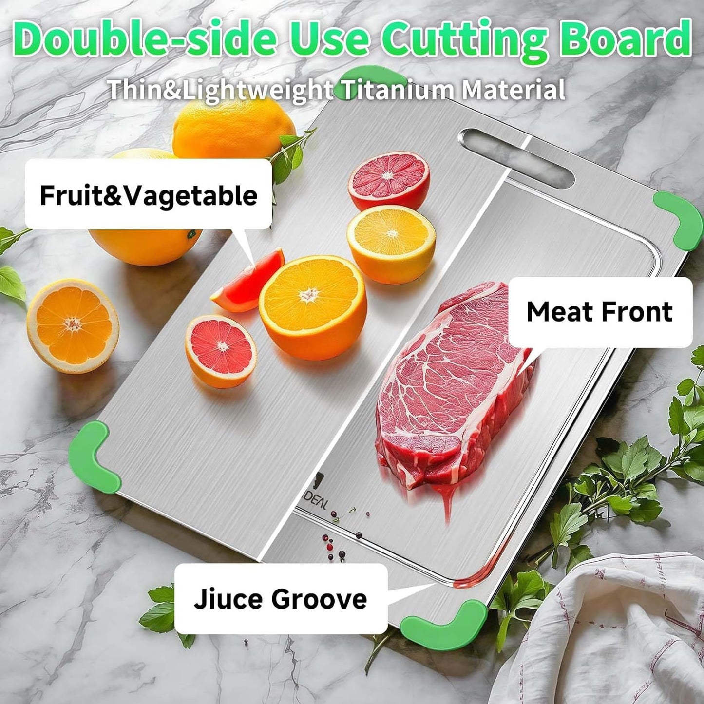 100% Pure Titanium Cutting Board with Grooves, Update Double Side Titanium Chopping Board, Silicone Anti-slip Stainless Cutting Boards for Kitchen 10 * 14 IN, Green