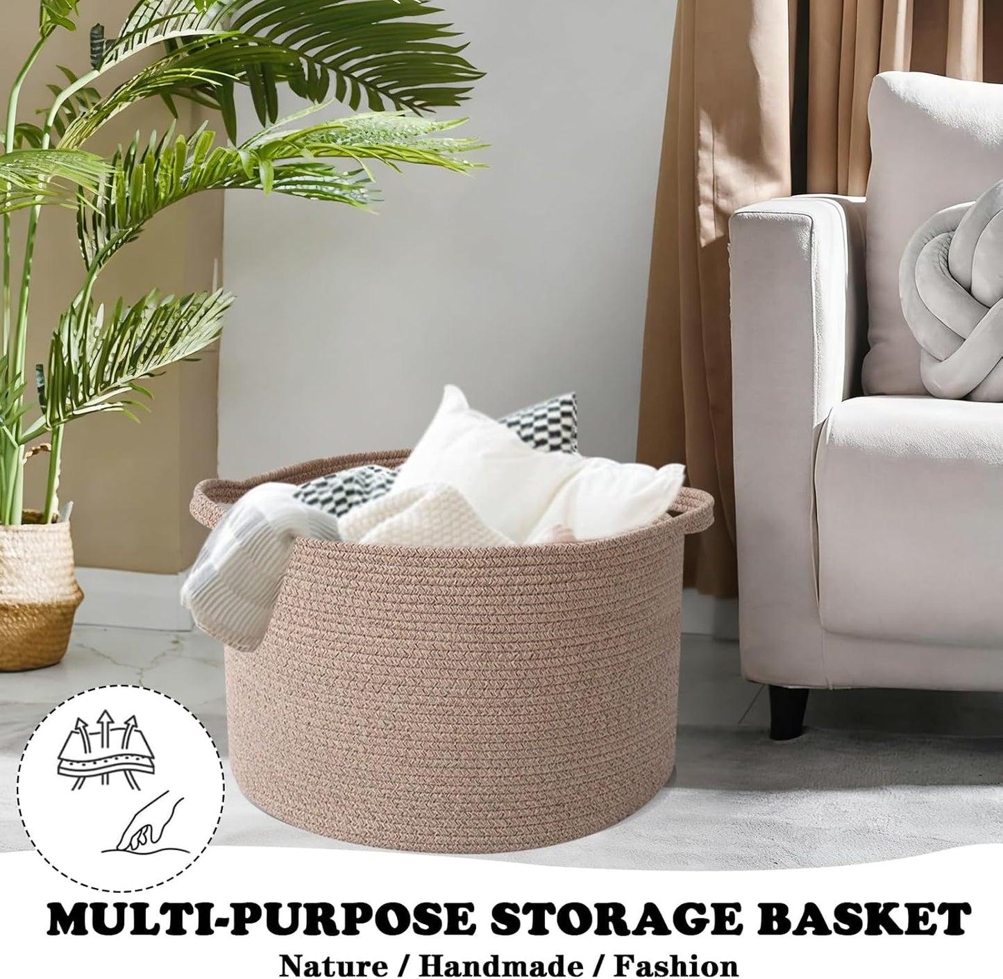 Large Blanket Basket for Organizing,65L Closet Organizers and Storage Bins Box for Shelves Woven Rope Storage Baskets,Living Room,Bedroom,Dorm,Laundry room (Brown)