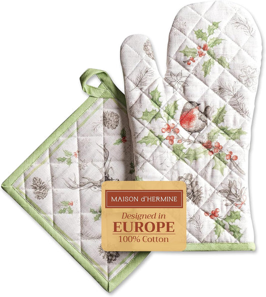 Maison d' Hermine 100% Cotton Oven Mitt & Pot Holder Set (7.5"x13" & 8"x8") Heat Resistant BBQ Cooking Gloves with Loop, Baking, Grilling, Kitchen, Handling Hot Pans (Christmas Dew)