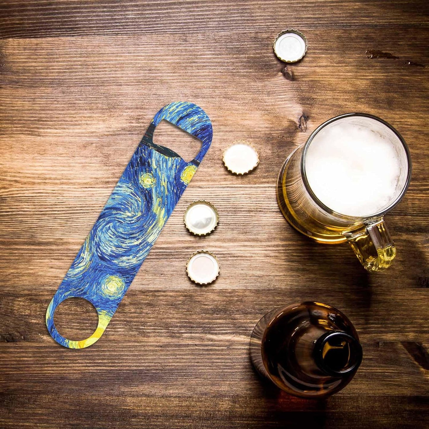 Starry Night Stainless Steel Bottle Opener Van Gogh Oil Panting Art Classic Vivid Star Cloud Universe Creative Flat Beer Bottle Opener Keychain for Home Kitchen Bar Restaurant Party Gift