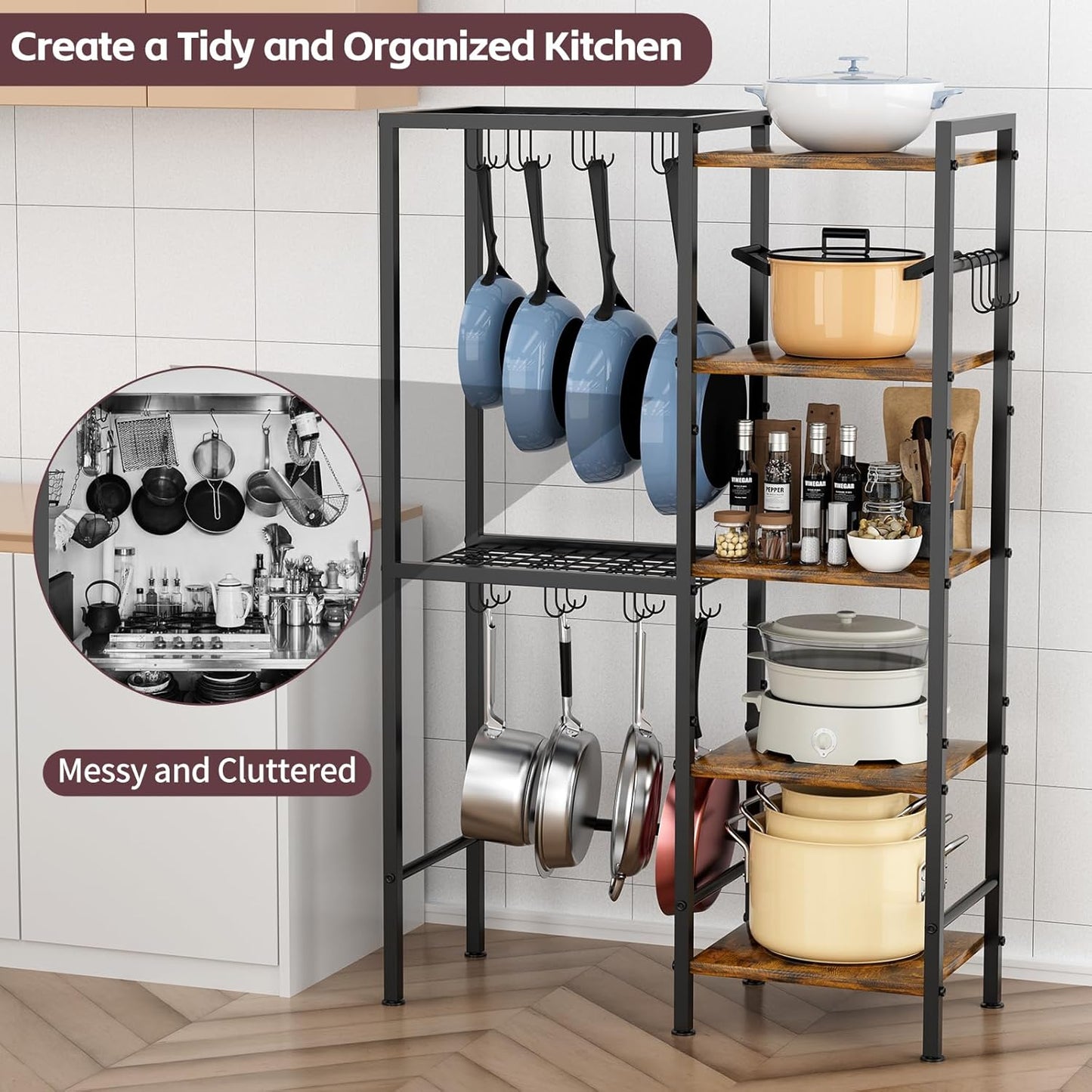 5-Tier Pot and Pan Organizer Rack with Hooks, Heavy-Duty Kitchen Storage Shelf for Cookware, Dishes, and Utensils, Freestanding Metal Pot Rack Organizer for Kitchen, Pantry, or Dining Room