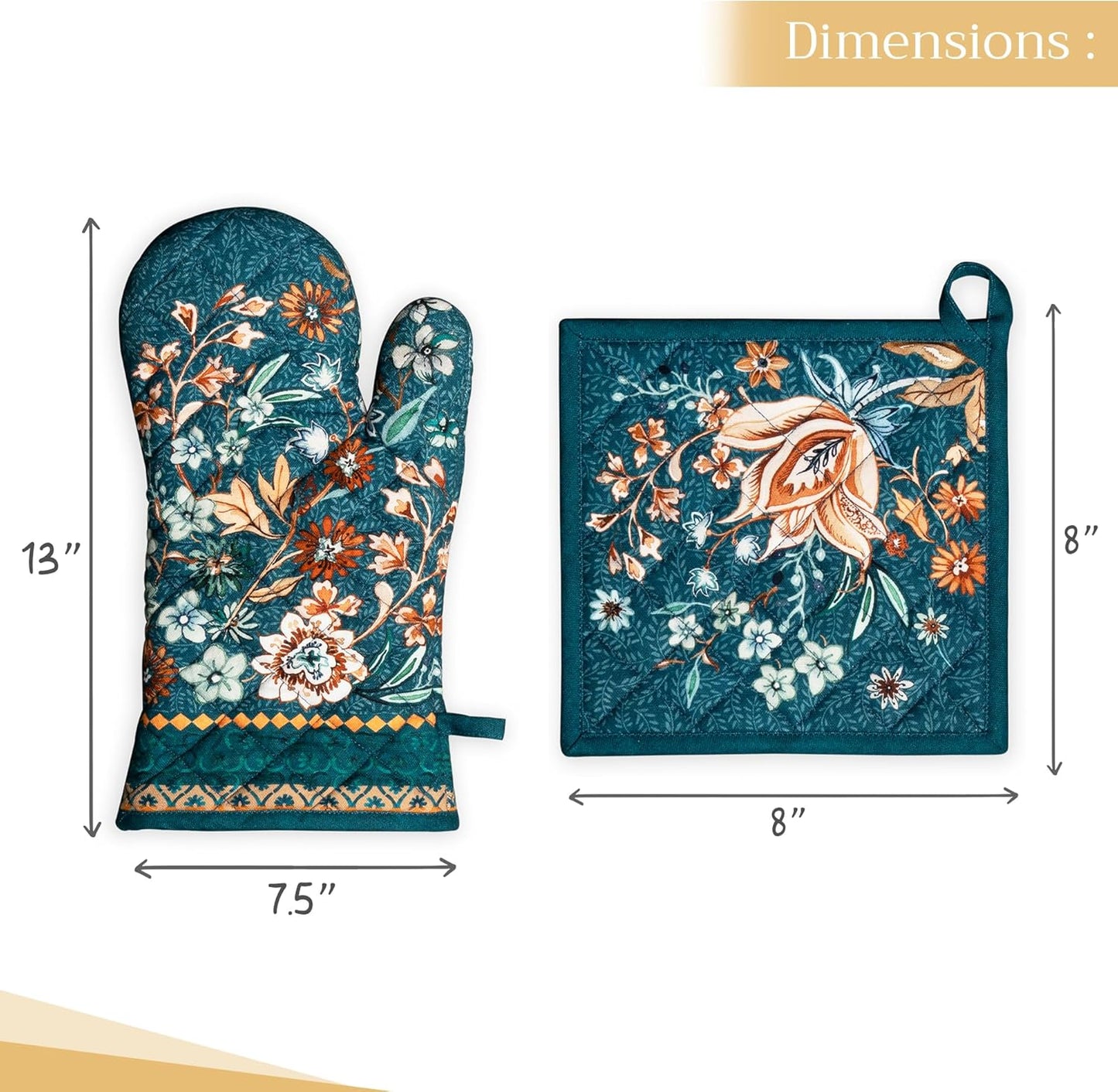Maison d' Hermine 100% Cotton Oven Mitt & Pot Holder Set (7.5"x13" & 8"x8") Heat Resistant BBQ Cooking Gloves with Loop, Baking, Grilling, Kitchen, Handling Hot Pans (Luxury Loft-Dark Teal)