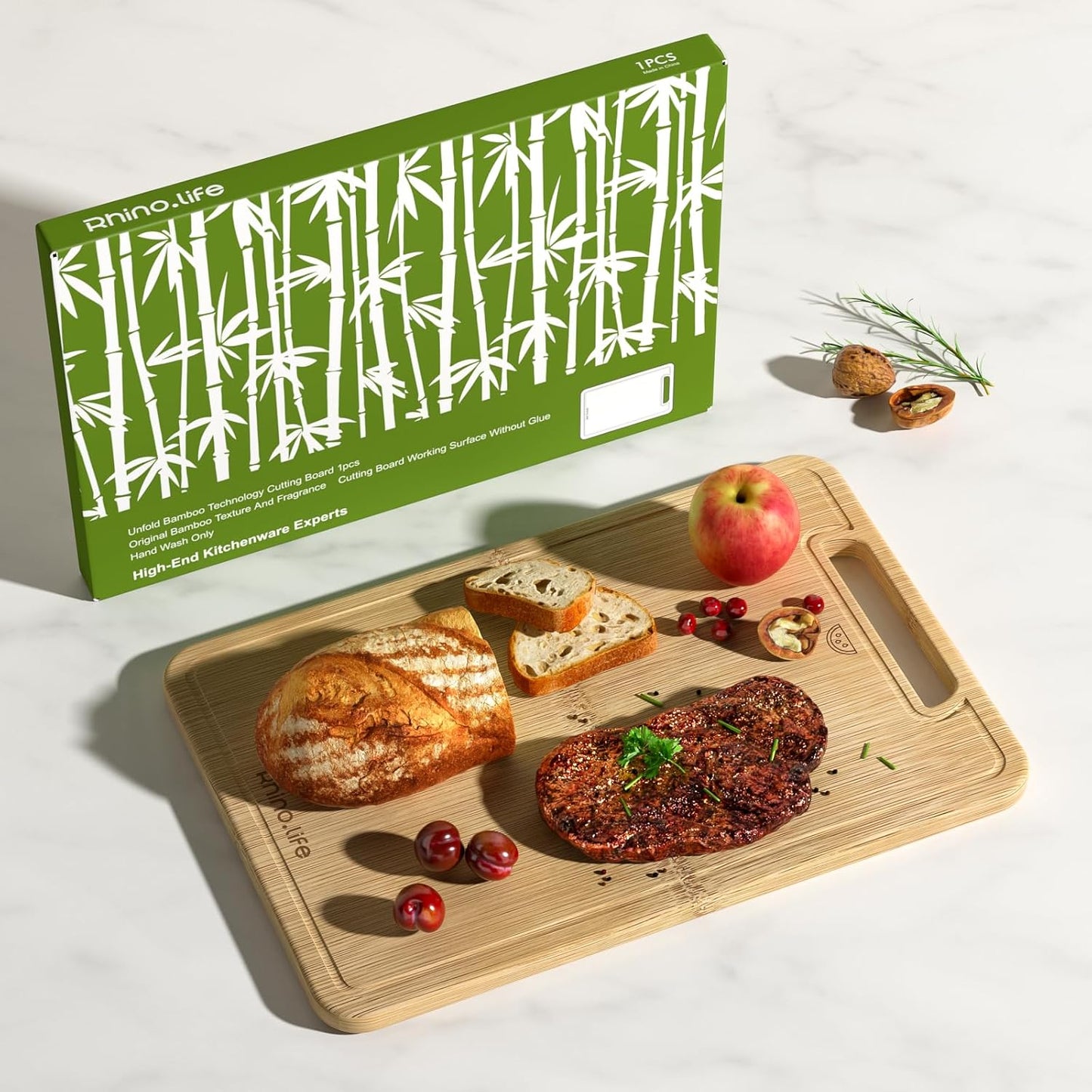 No Glue and Healthy & Organic Non Toxic Small Bamboo Cutting Board with hands for Kitchen,Plastic Free, Juice Groove, Non-solid Wood Cutting Board for Meat, Vegetables and Fruits (12 * 8inch)