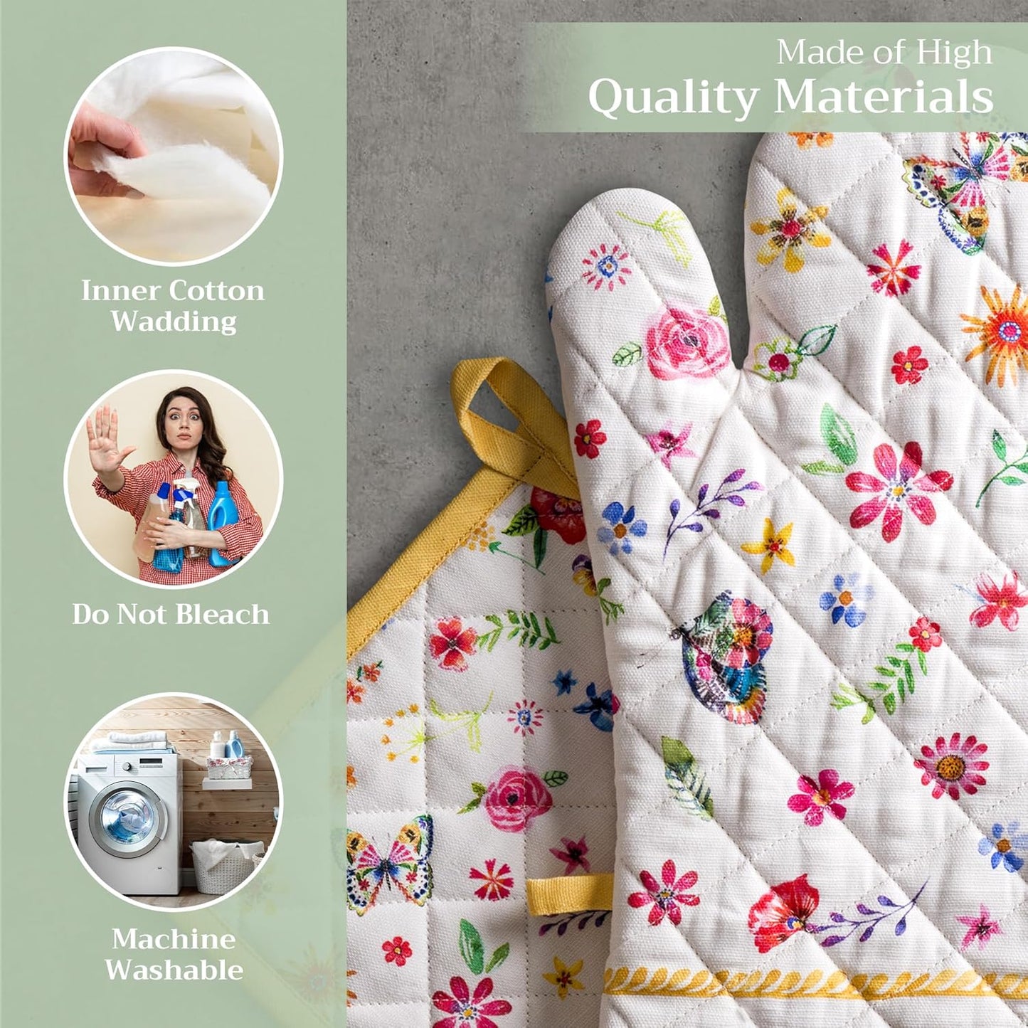 Maison d' Hermine 100% Cotton Oven Mitt & Pot Holder Set (7.5"x13" & 8"x8") Heat Resistant BBQ Cooking Gloves with Loop, Grilling, Kitchen, Handling Hot Pans Spring/Summer (Happy Florals - Sweety)